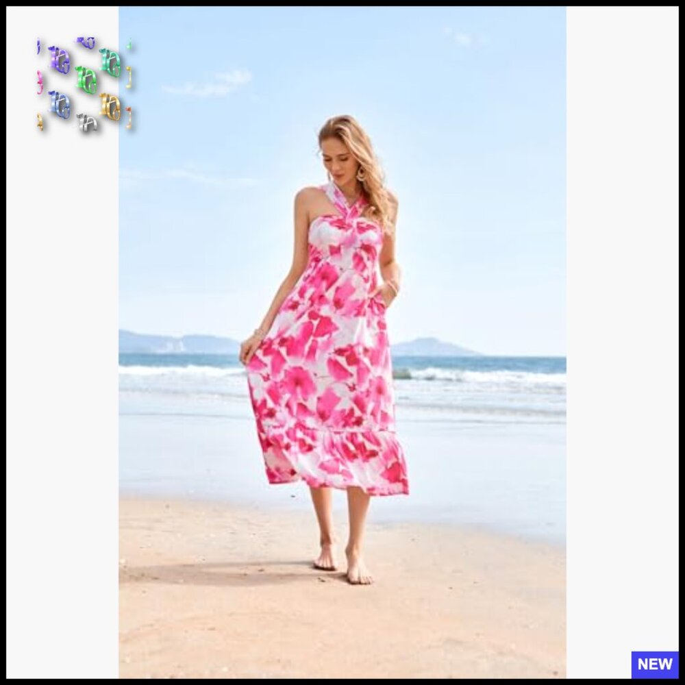 Floral Maxi Dress Boho Halter Sundress Flowy Ruffle Beach Vacation Wear - Picture 2 of 7